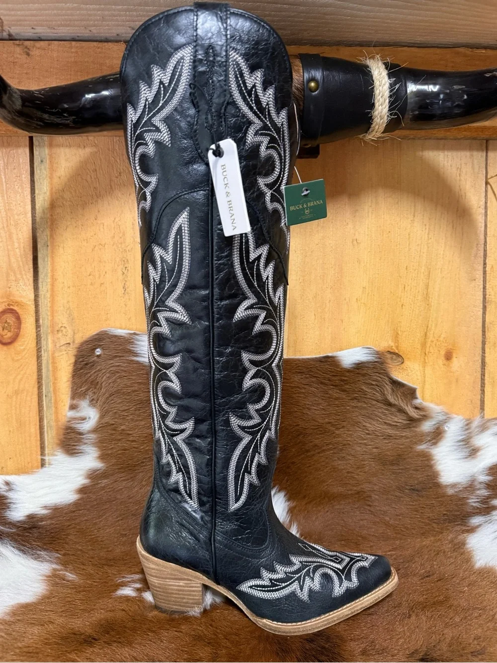 Embroidered Black Over-the-Knee Western Boots with Side Zip